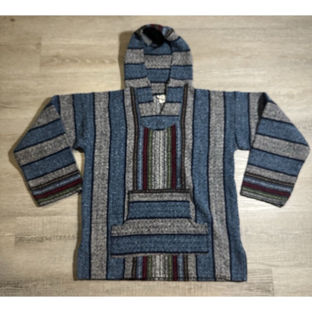 Baja Joe Mexican Poncho Hoodie Size Large Pullover Hippie Boho Drug Rug Pocket